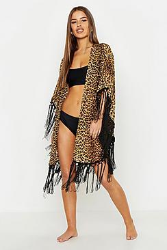Boohoo Petite Leopard Print Fringe Kimono