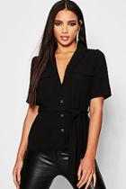 Boohoo Button Tie Waist Utility Shirt