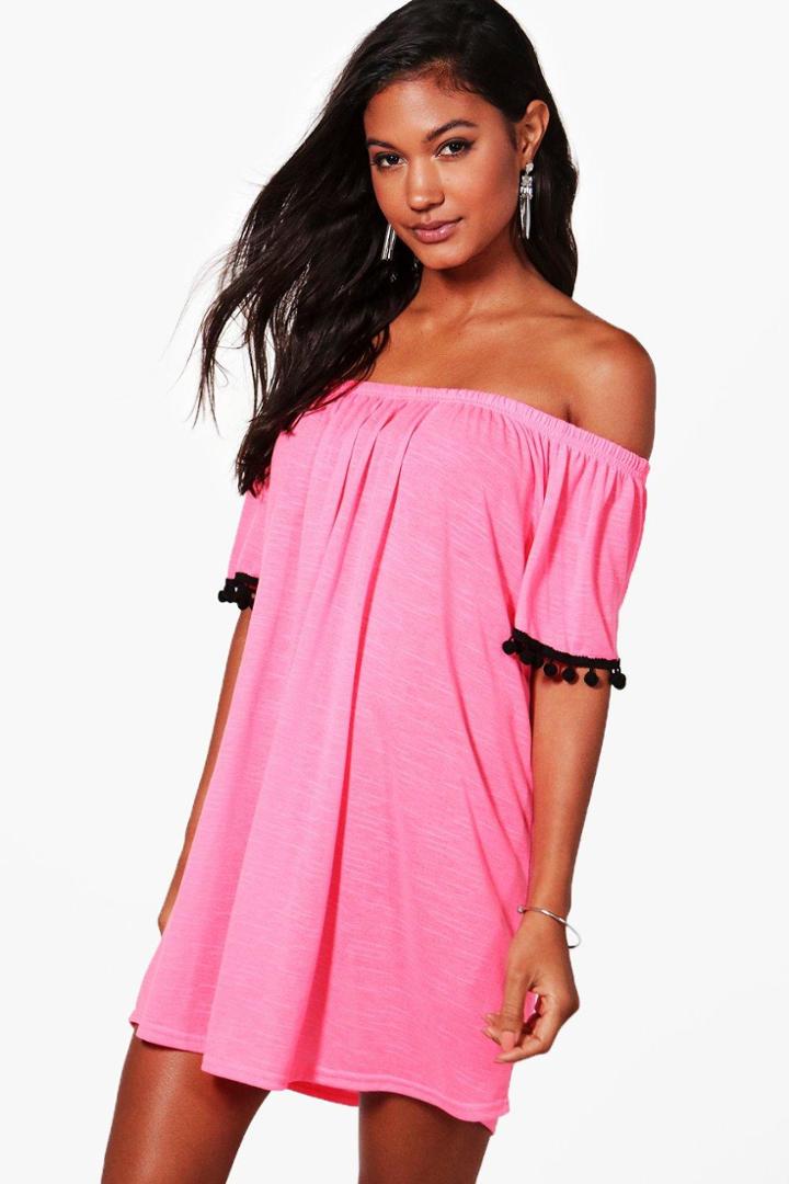 Boohoo Serena Pom Pom Bardot Beach Dress Pink