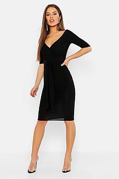 Boohoo Petite Wrap Off The Shoulder Slinky Midi Dress