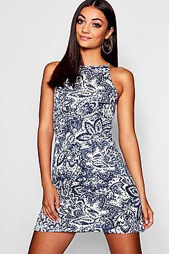 Boohoo Tall 90's Neck Floral Bodycon Mini Dress