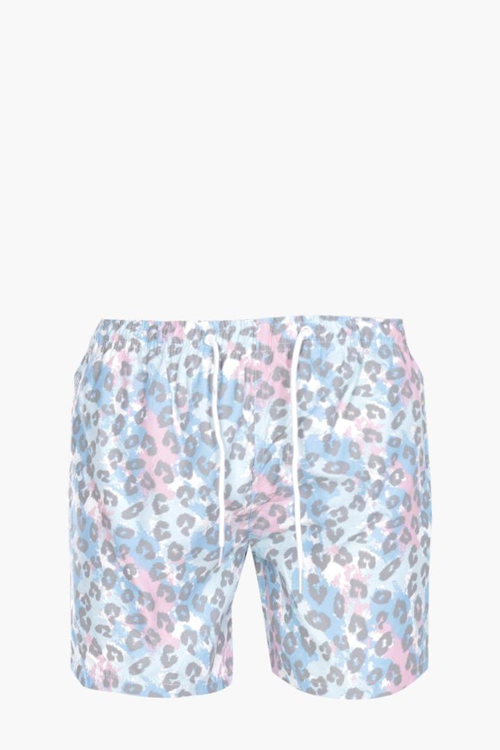 Boohoo Leopard Print Mid Length Swim Short Lilac