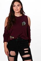 Boohoo Plus Kitty Open Shoulder Embroidered Sweat