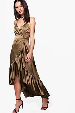 Boohoo Boutique Bea Satin Ruffle Wrap Maxi Dress