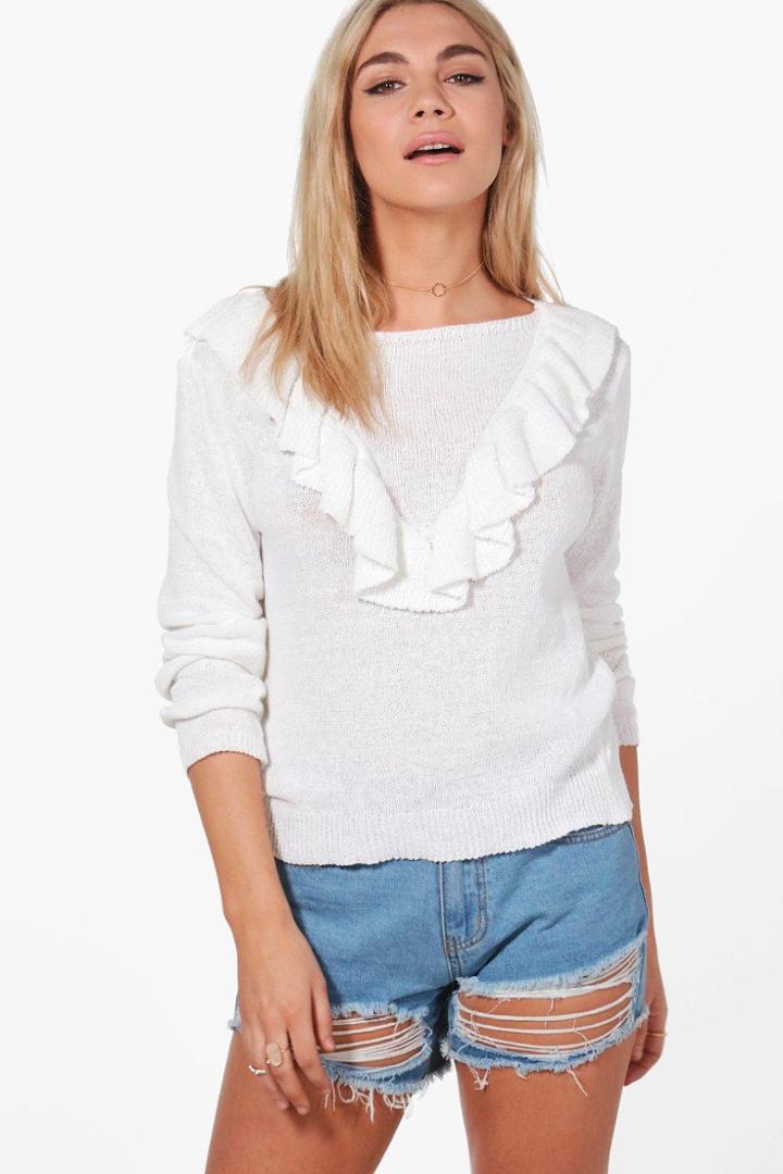 Boohoo Katerina Ruffle Fine Knit Jumper Cream