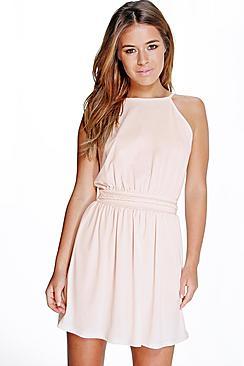 Boohoo Petite Plait Detail Halter Neck Skater Dress