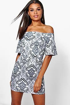 Boohoo Jo Mosaic Off The Shoulder Bodycon Dress