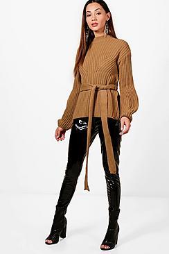 Boohoo Petite Bella Chunky Rib Belted Jumper