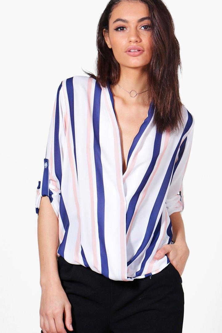 Boohoo Hannah Stripe Wrap Over Tailored Blouse Pink