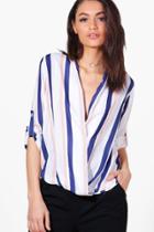 Boohoo Hannah Stripe Wrap Over Tailored Blouse Pink