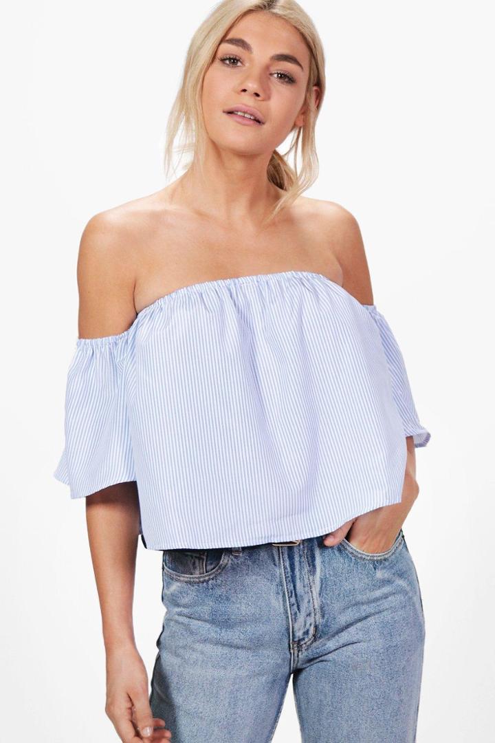 Boohoo Vicky Striped Cropped Bardot Top Blue