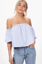 Boohoo Vicky Striped Cropped Bardot Top Blue