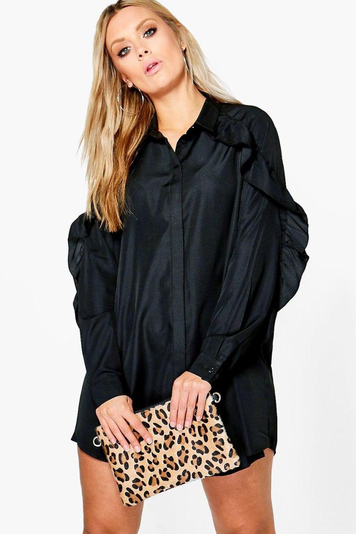 Boohoo Plus Jessie Ruffle Sleeve Shirt Dress Black