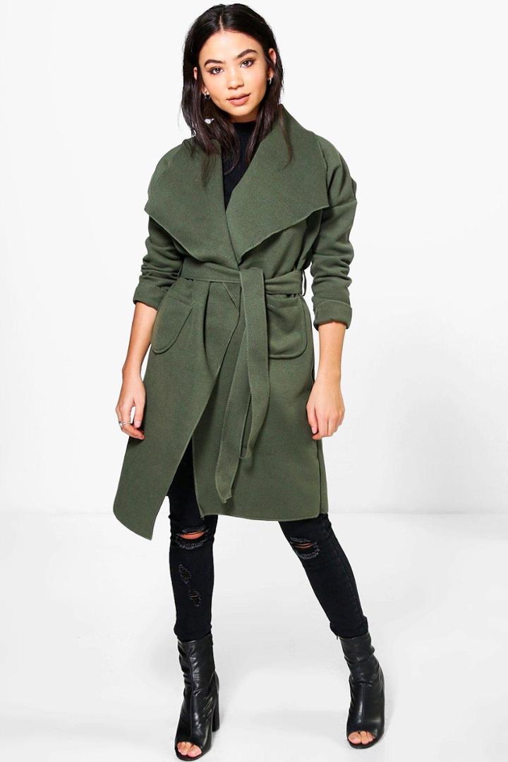 Boohoo Natasha Pocket Shawl Collar Belted Coat Khaki