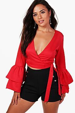 Boohoo Petite Lauren Ruffle Sleeve Wrap Crop Top