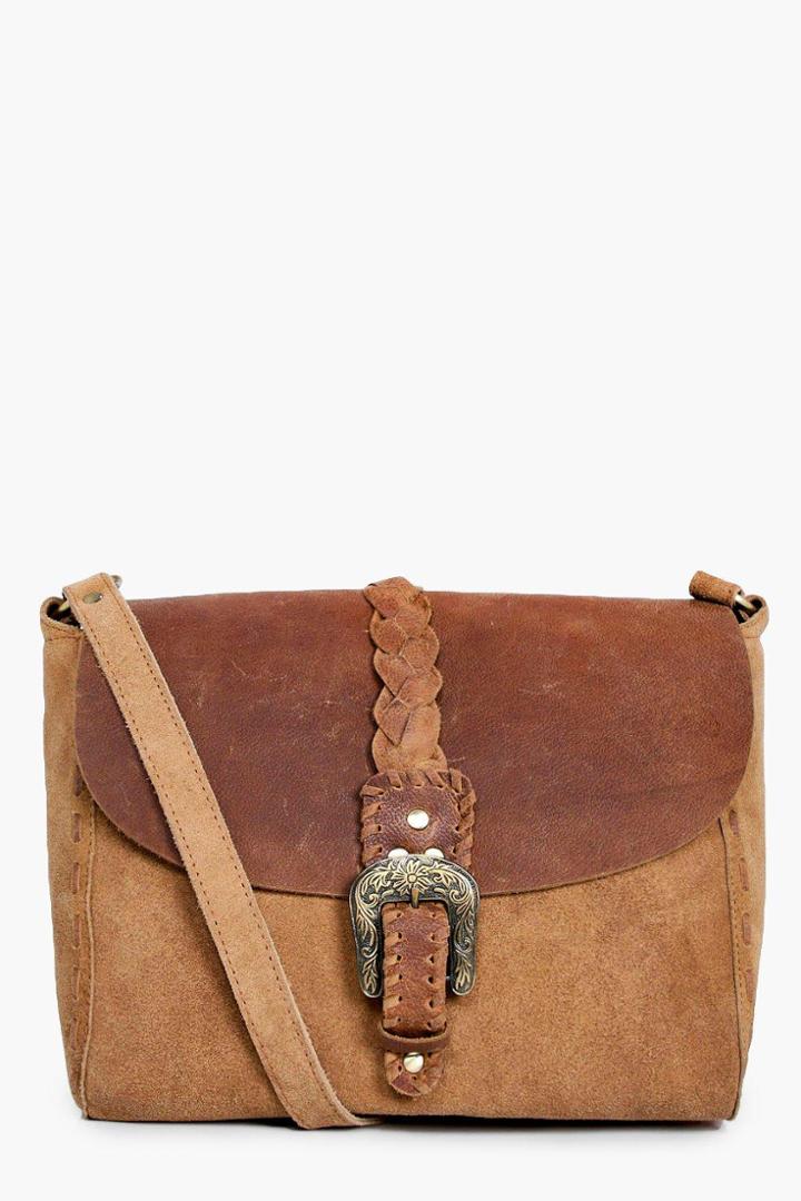 Boohoo Ellie Boutique Leather & Suede Buckle Day Bag Tan