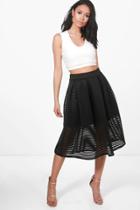 Boohoo Aura Sheer Mesh Stripe Box Pleat Skater Skirt Black