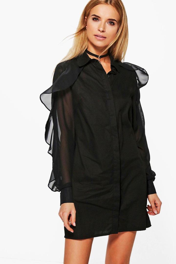 Boohoo Elodie Ruffle Sleeved Woven Shirt Dress Black