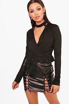 Boohoo Nila Choker Wrap Front Ruffle Crop