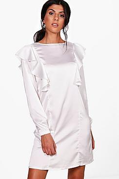 Boohoo Maya Satin Ruffle Front Dress