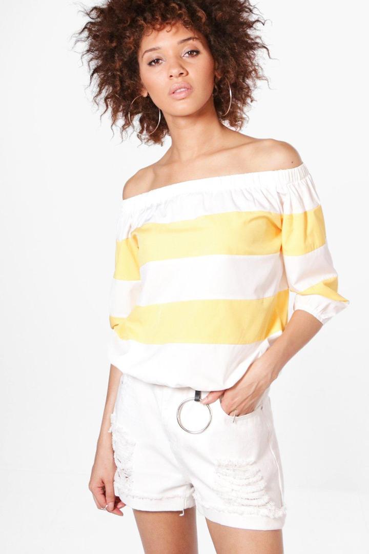 Boohoo Brenda Striped Bardot Top Yellow