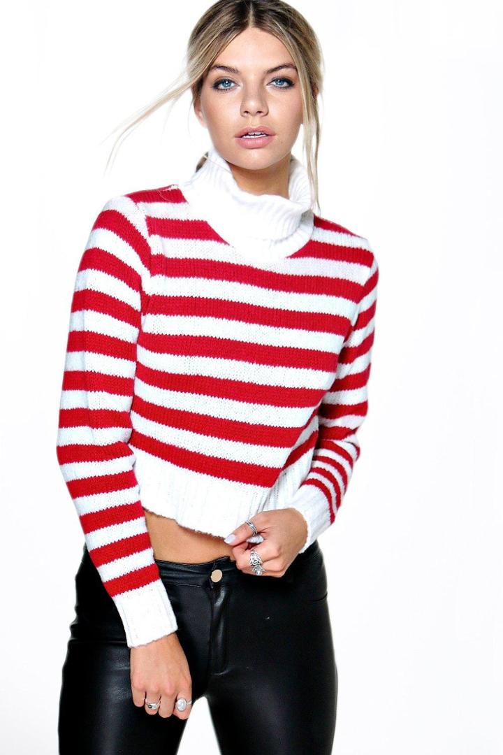 Boohoo Nicole Stripe Turtle Neck Crop Jumper Poppy