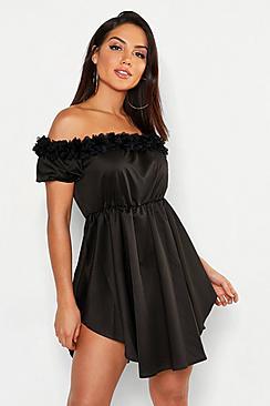 Boohoo Floral Applique Off The Shoulder Skater Dress
