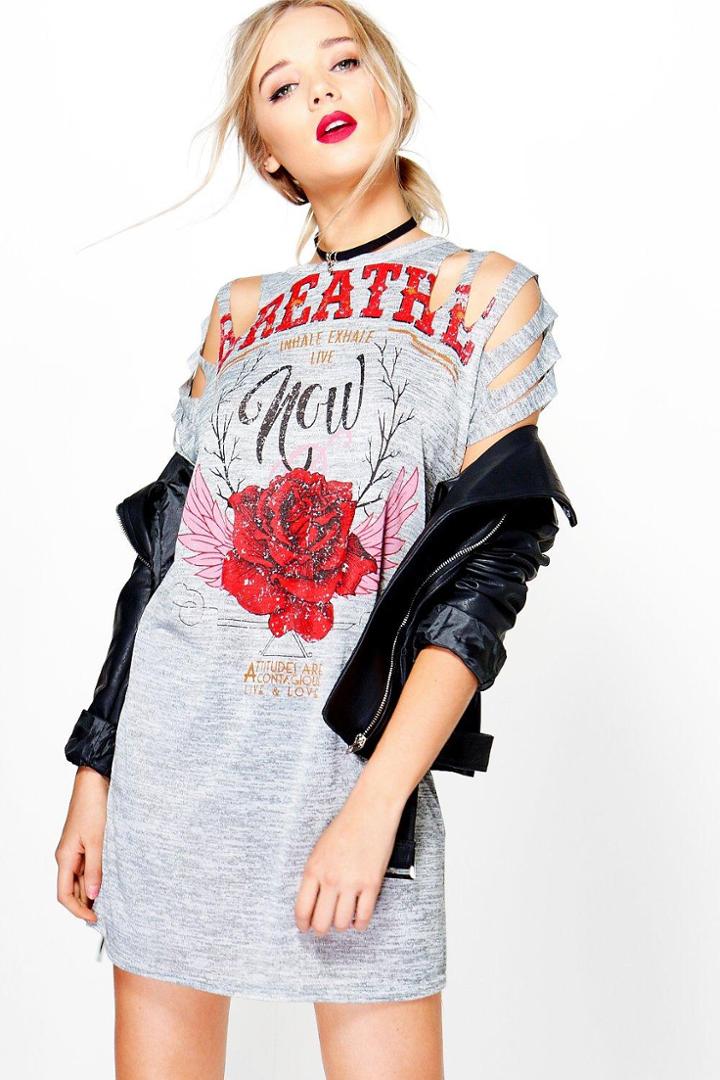 Boohoo Zoe Slashed Shoulder Knit Band Tee Dress Grey