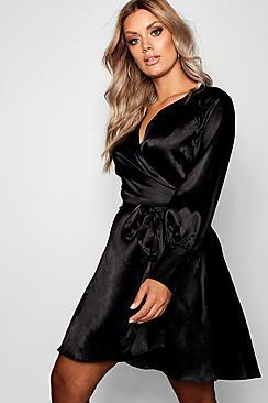 Boohoo Plus Wrap Satin Drop Hem Skater Dress
