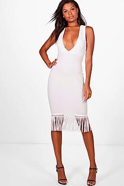 Boohoo Albany Plunge And Tassle Hem Midi Dress