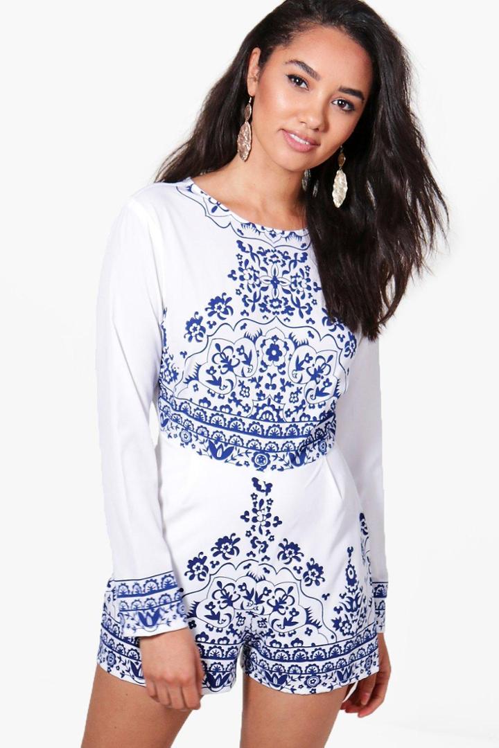 Boohoo Petite Lucy Placement Printed Playsuit White