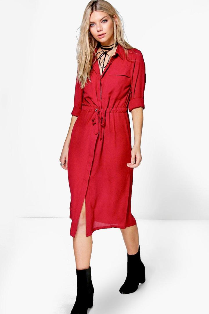 Boohoo Christiana Utility Midaxi Shirt Dress Ruby