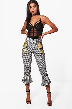 Boohoo Kendra Embroidered Gingham Ruffle Hem Trousers