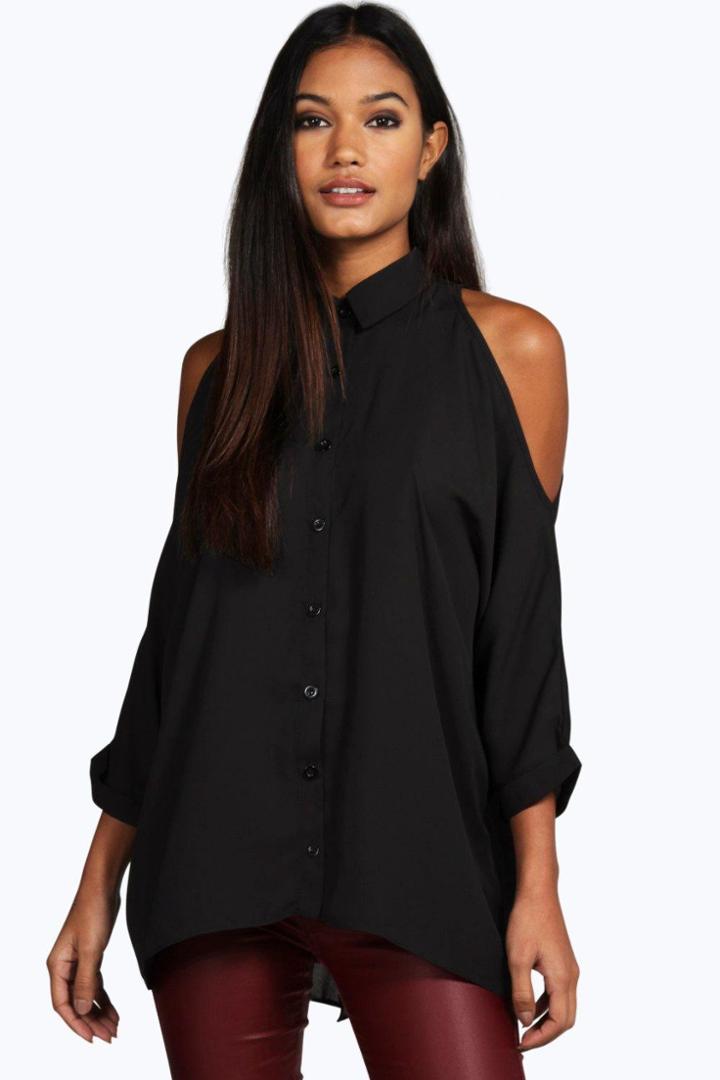 Boohoo Naomi Cold Shoulder Split Back Shirt Black