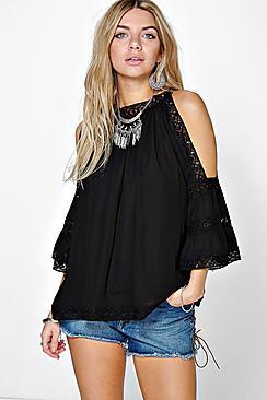Boohoo Lacey Crochet Trim High Neck Open Shoulder Blouse