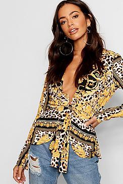 Boohoo Chain Satin Drape Tie Front Top