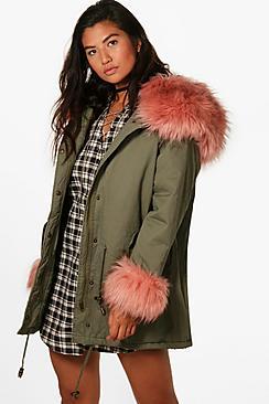 Boohoo Nisha Faux Fur Cuff And Collar Parka
