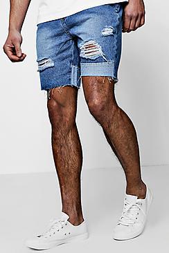Boohoo Slim Fit Panelled And Distressed Denim Shorts