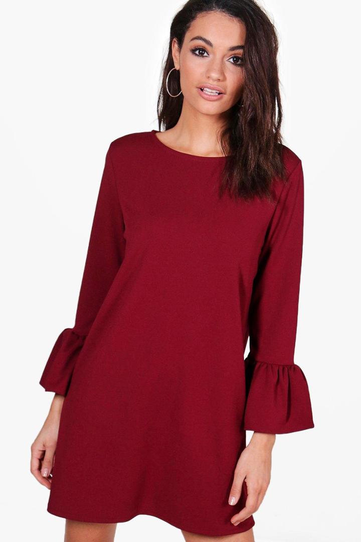 Boohoo Ria Ruffle Sleeve Dress Wine