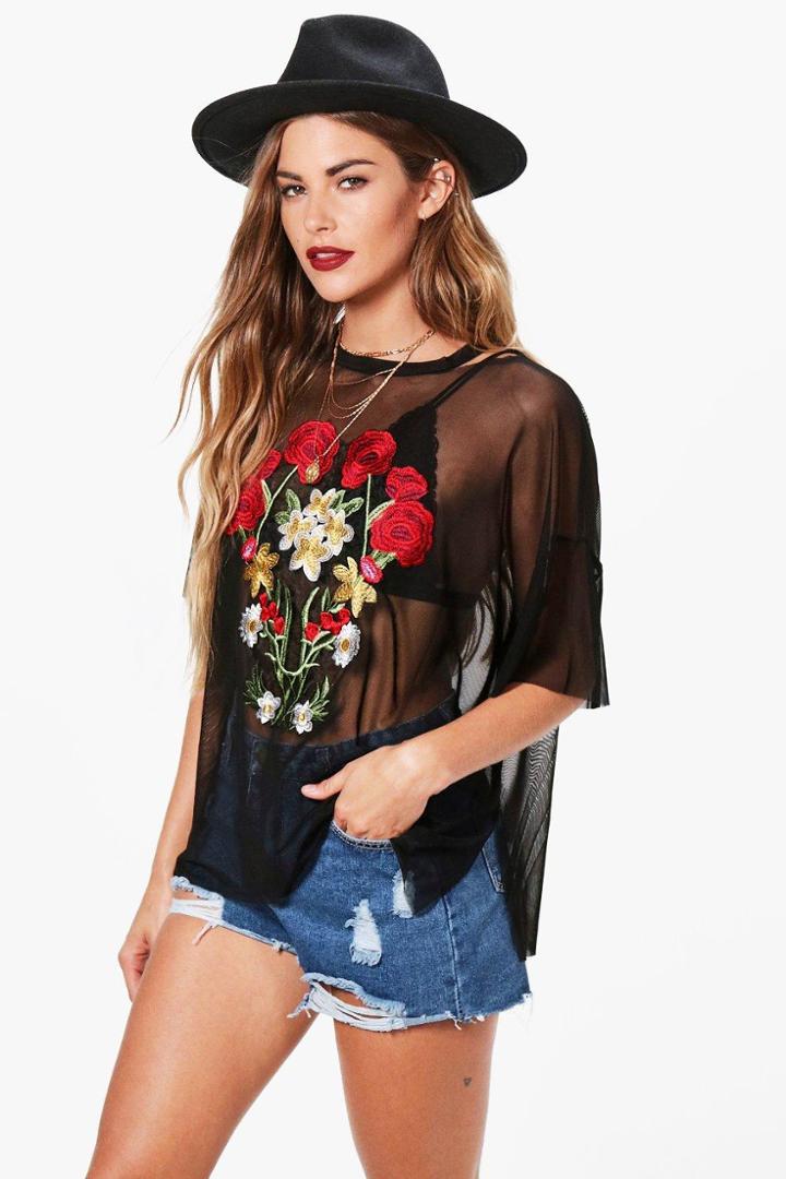 Boohoo Emily Embroidery Mesh Oversized Tee Black
