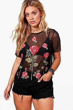 Boohoo Plus Lacey Embroidered Print Mesh T-shirt