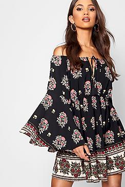 Boohoo Zoe Boarder Print Off The Shoulder Skater Dress