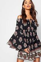 Boohoo Zoe Boarder Print Off The Shoulder Skater Dress