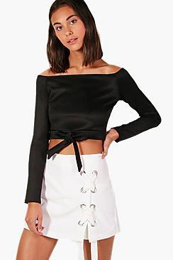 Boohoo Evelyn Scuba Tie Front Bardot