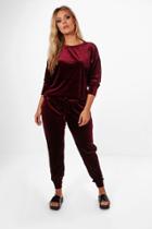 Boohoo Plus Bethany Velvet Top And Sweat Pants Burgundy