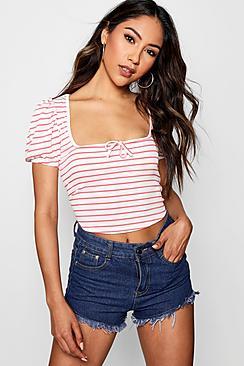 Boohoo Lucie Stripe Puff Sleeve Square Neck Top
