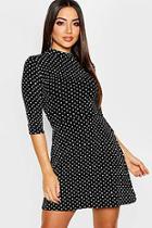 Boohoo Polka Dot High Neck Half Sleeve Skater Dress