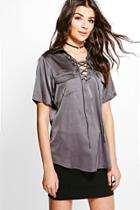 Boohoo Wendy Satin Pocket Lace Up Shirt Grey