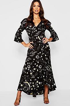 Boohoo Constellation Print Ruffle Hem Maxi Dress