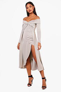 Boohoo Off Shoulder Wrap Detail Midi Dress
